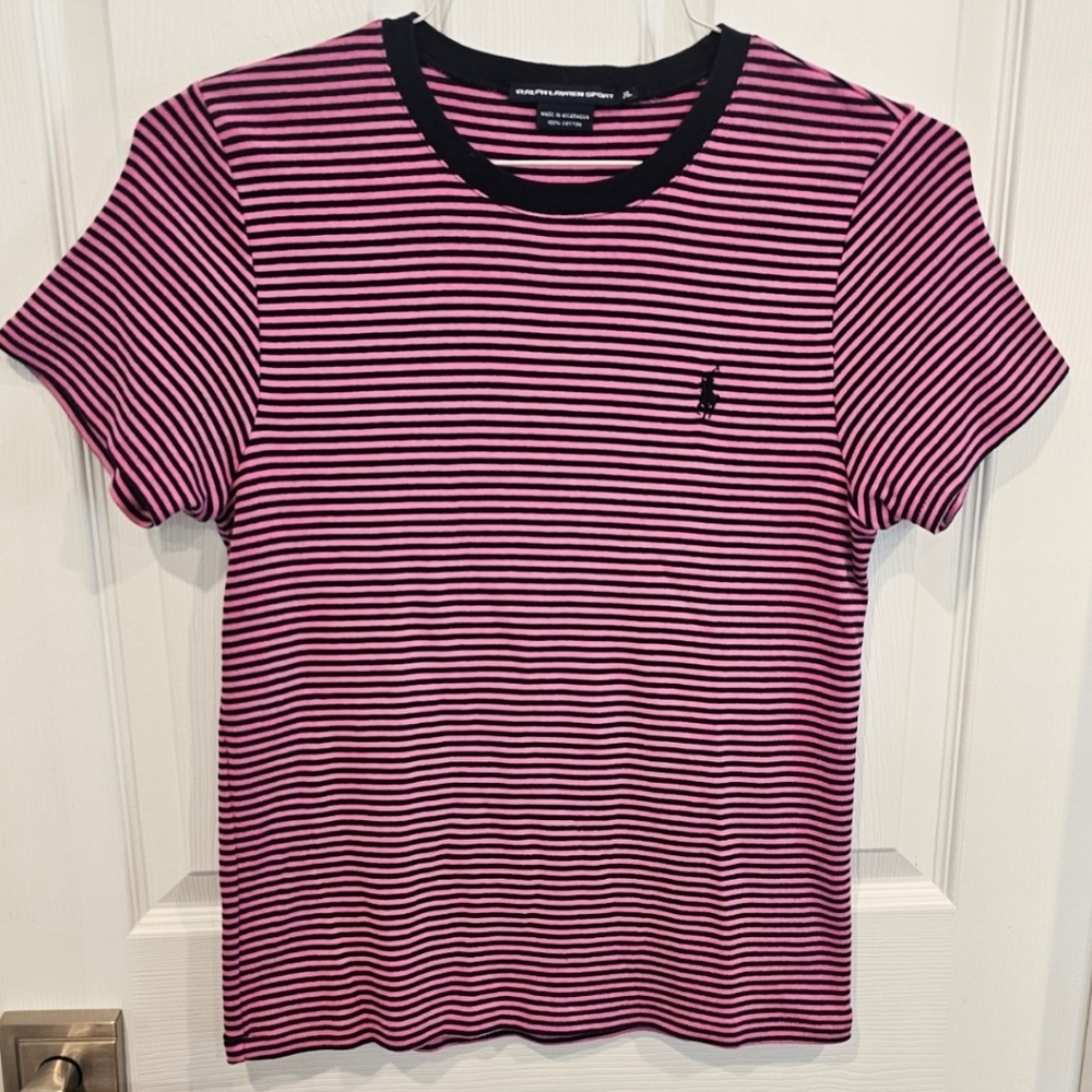 Ralph Lauren Sport Women's 100% Cotton Sport Navy and Pink Striped Tee Size--XL - Picture 3 of 8